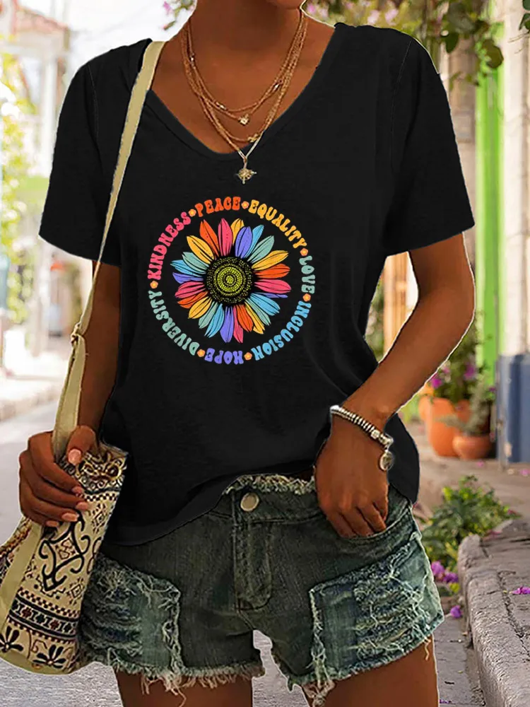 Black Floral Sunflower Pattern T-Shirt