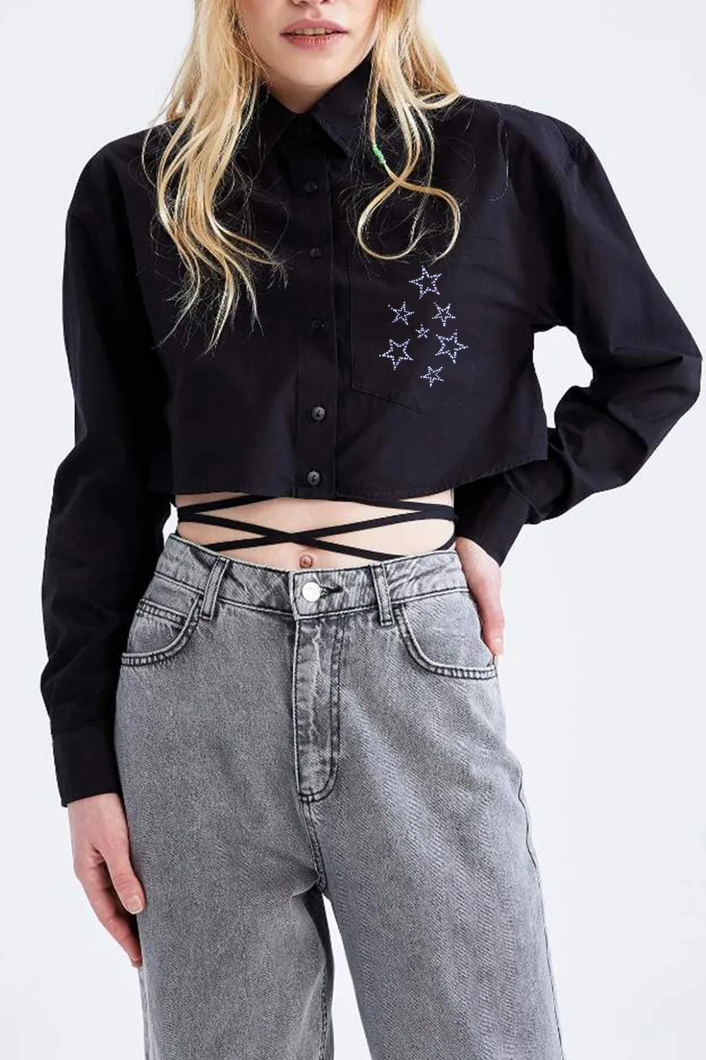 Cool Oversize Fit Tie Waist Detail Crop Shirt