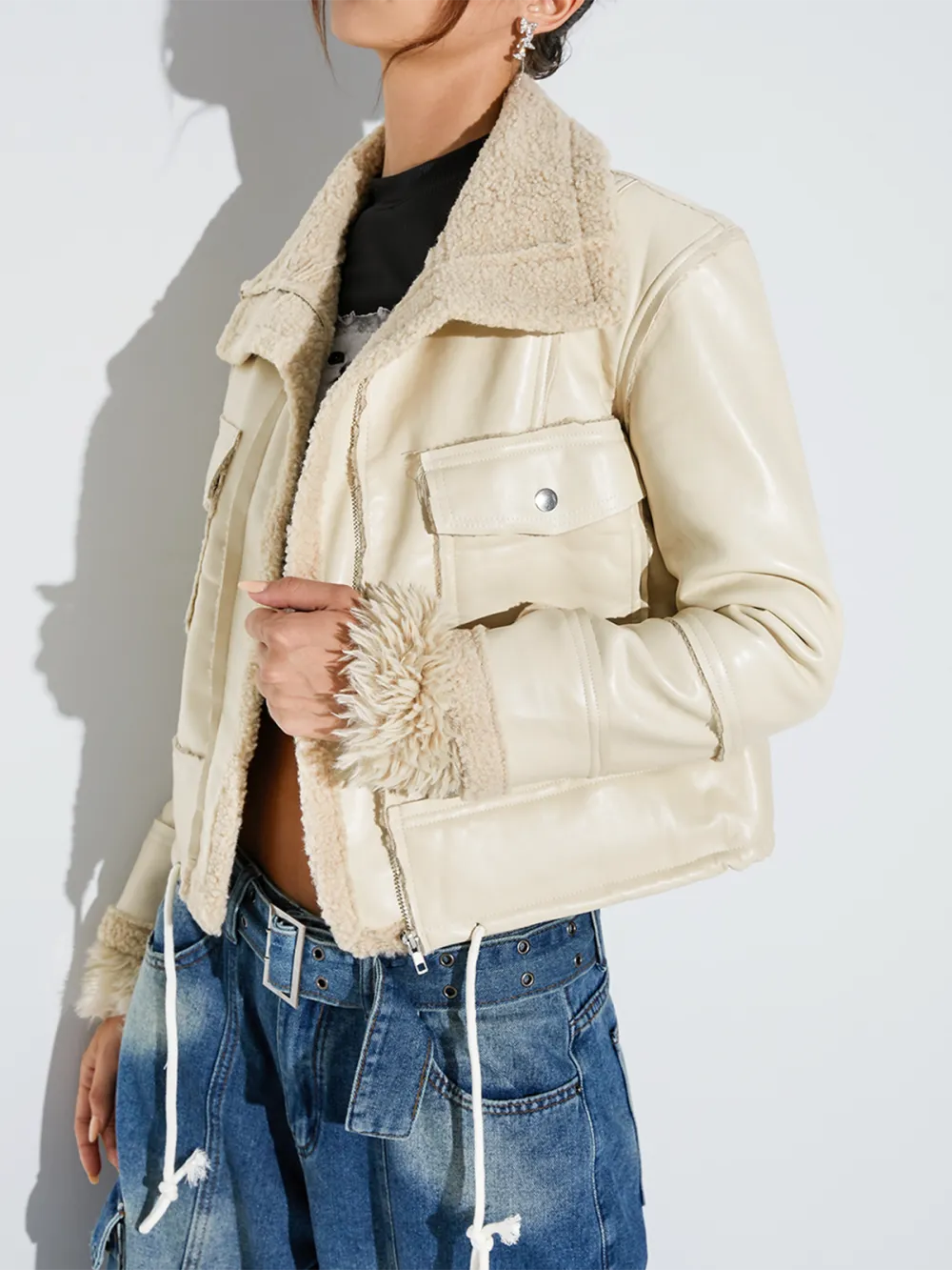 Pu Plain Pocket Shawl Collar Biker Jacket