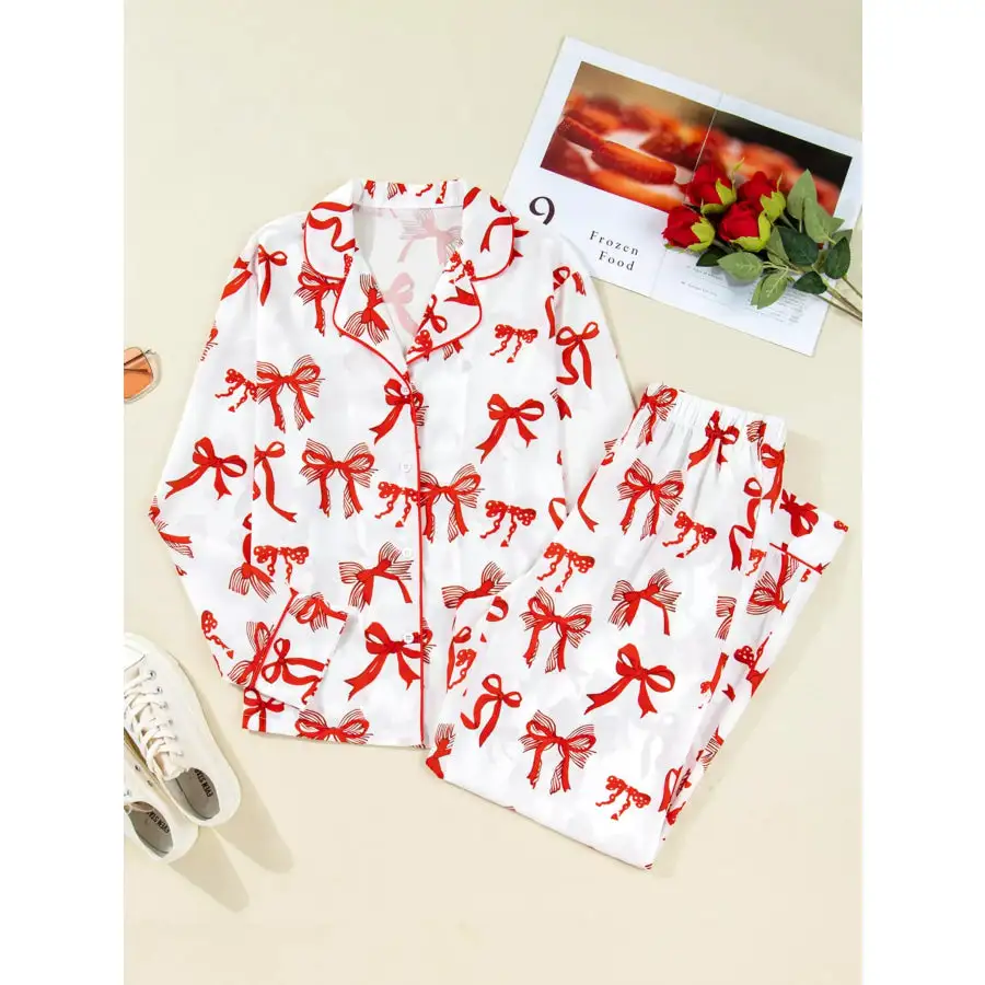 Christmas Bow Print Top and Pants Pcs Pajama Set