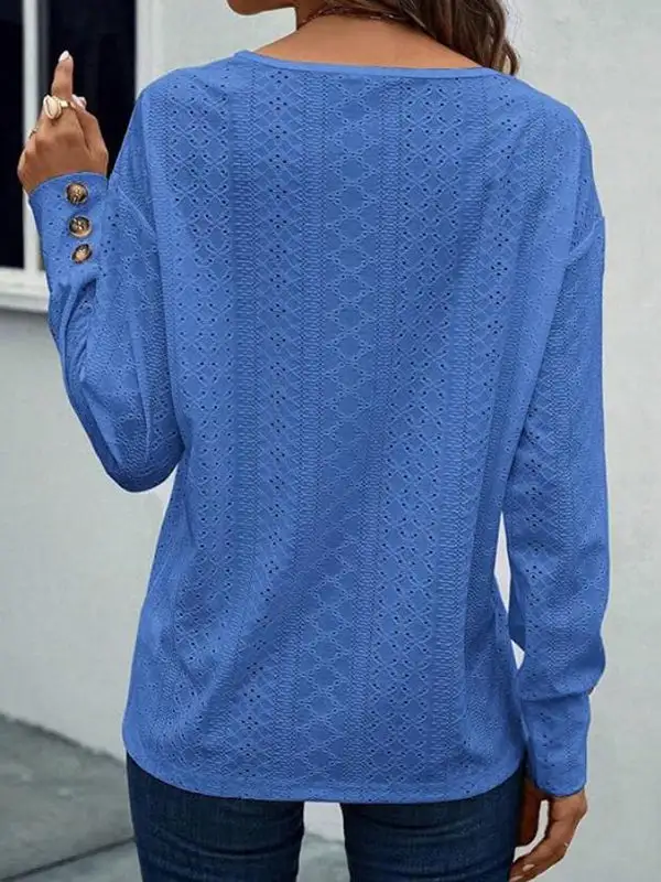 Long Sleeve Relaxed Button Detail V-Neck T-Shirt