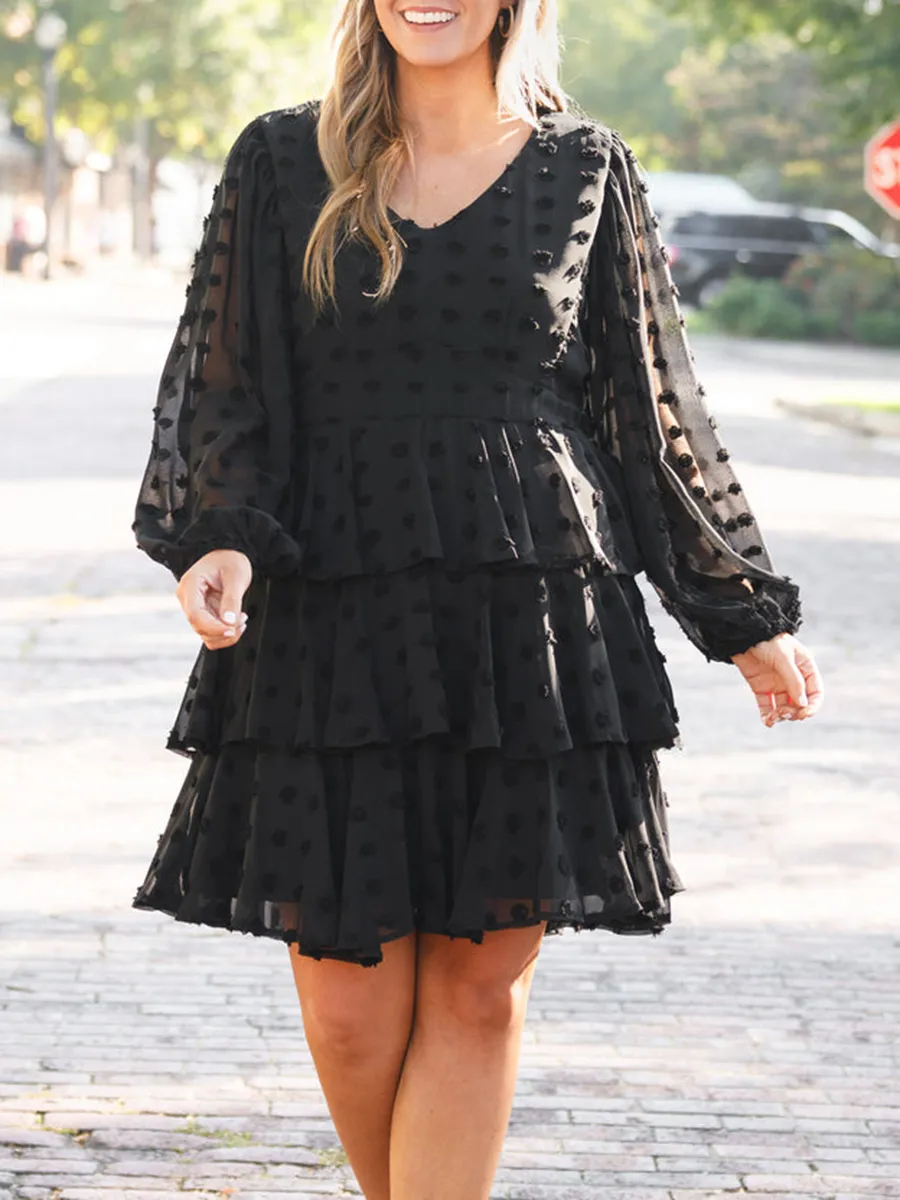 V-Neck Layered Ruffled Loose Fitting Dress