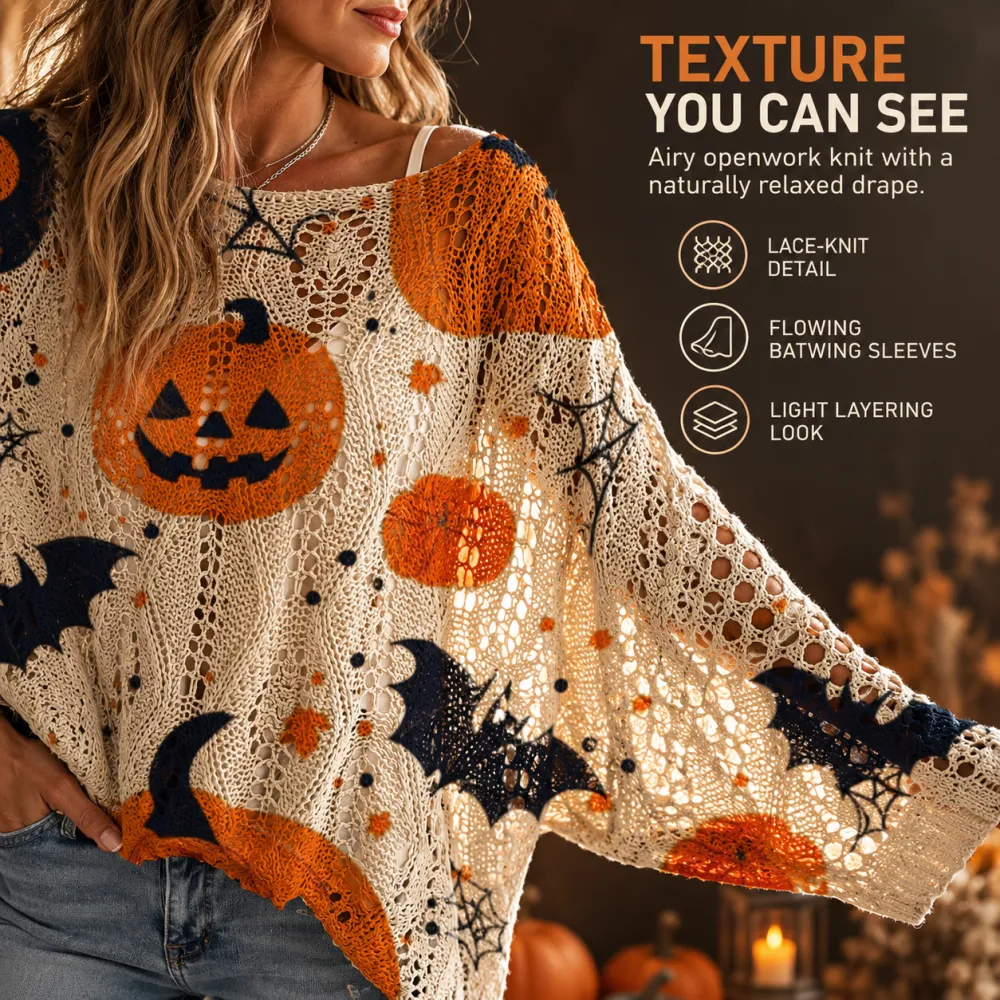 Halloween Long Sleeve with Diamond Cutout Bat Pumpkin Print