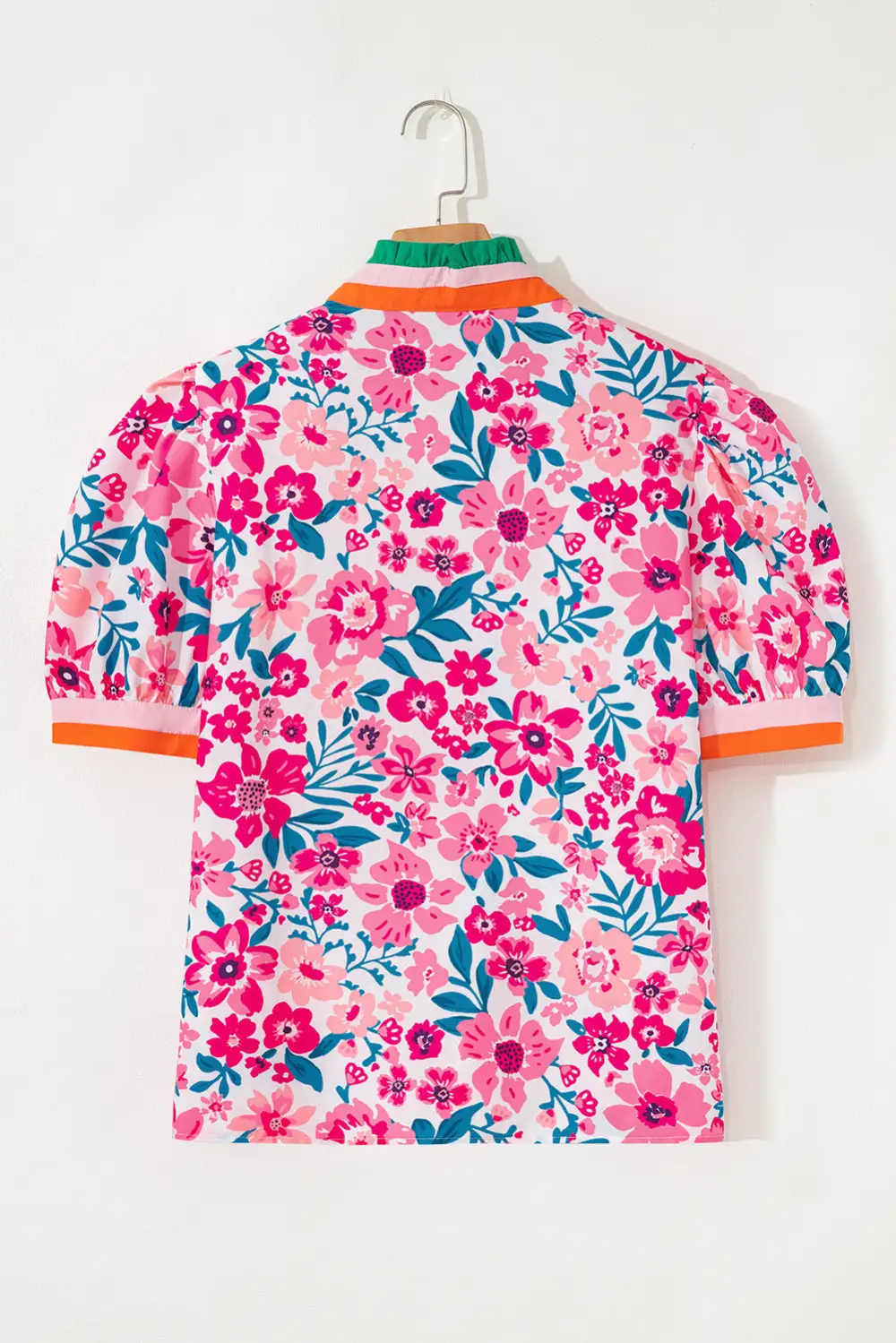 Pink Floral Print Contrast Striped Detail Short Sleeve Blouse