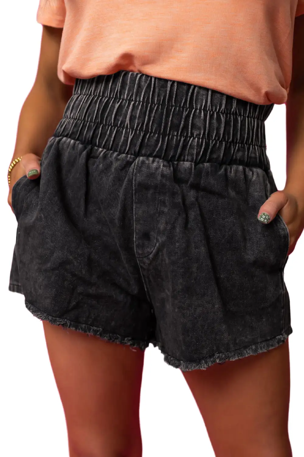 Smocked High Waist Mineral Washed Jean Shorts
