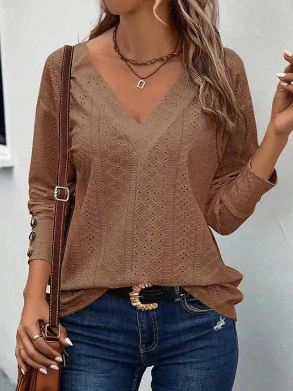 Long Sleeve Relaxed Button Detail V-Neck T-Shirt