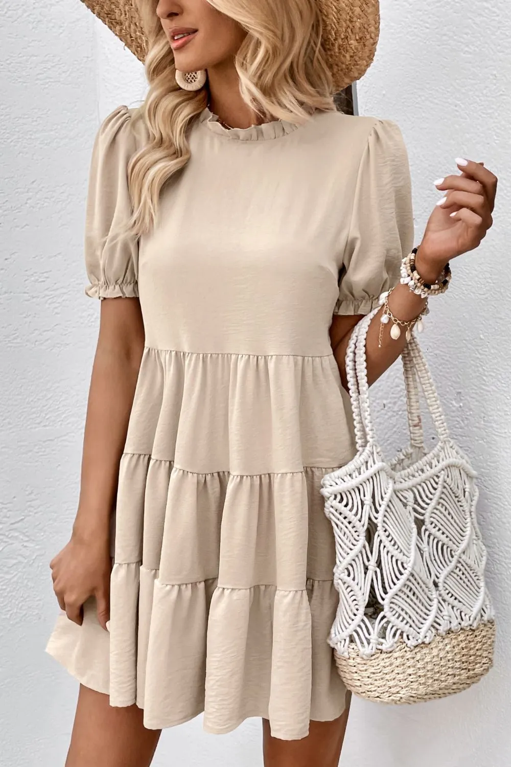 Textured Tie Detail Tiered Dress