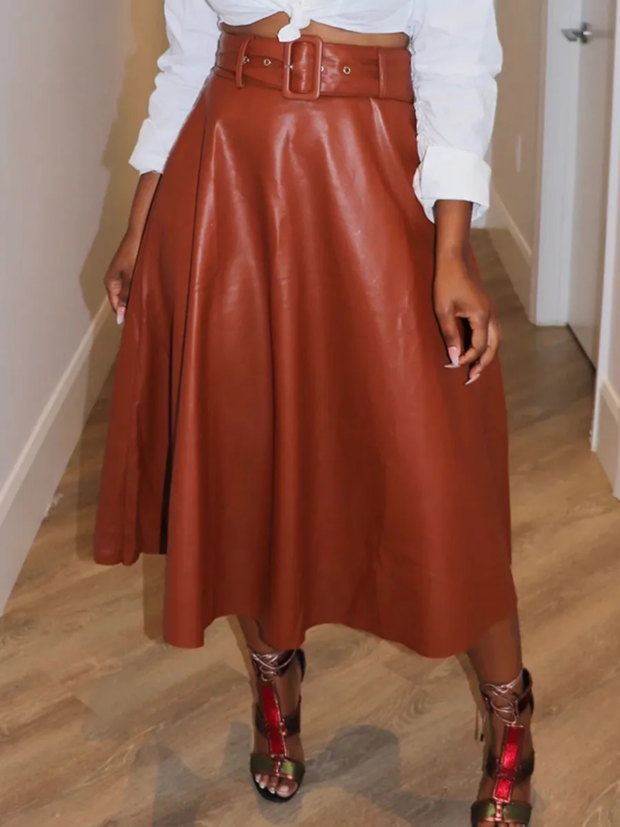 Solid Leather Jacket Half Skirt Set