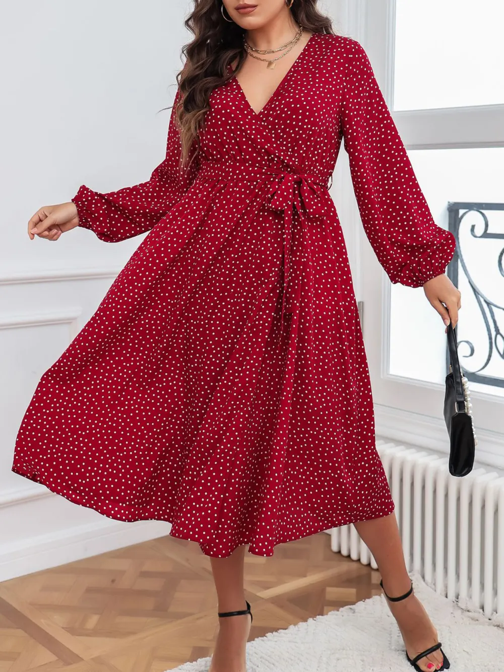 Literary Temperament Red Plus Size Dress Polka Dot Long Sleeves Women Clothing