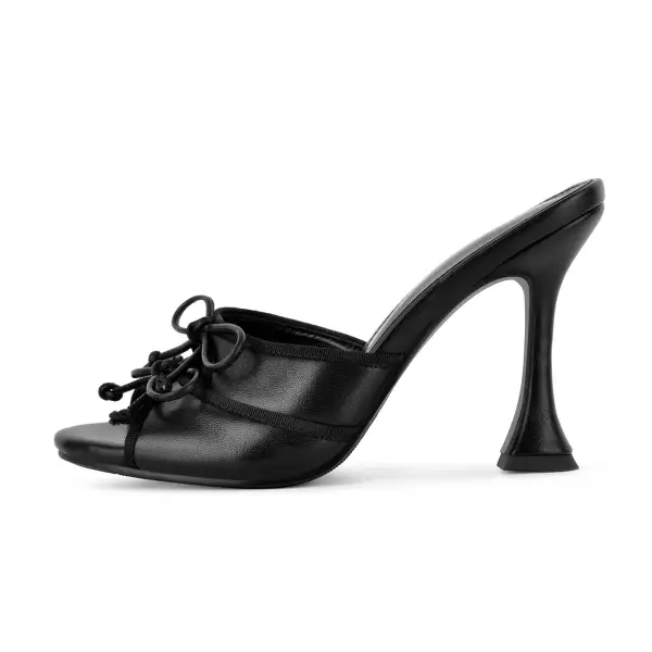 Round Toe Double Bow Tapered Heel Mule Sandals