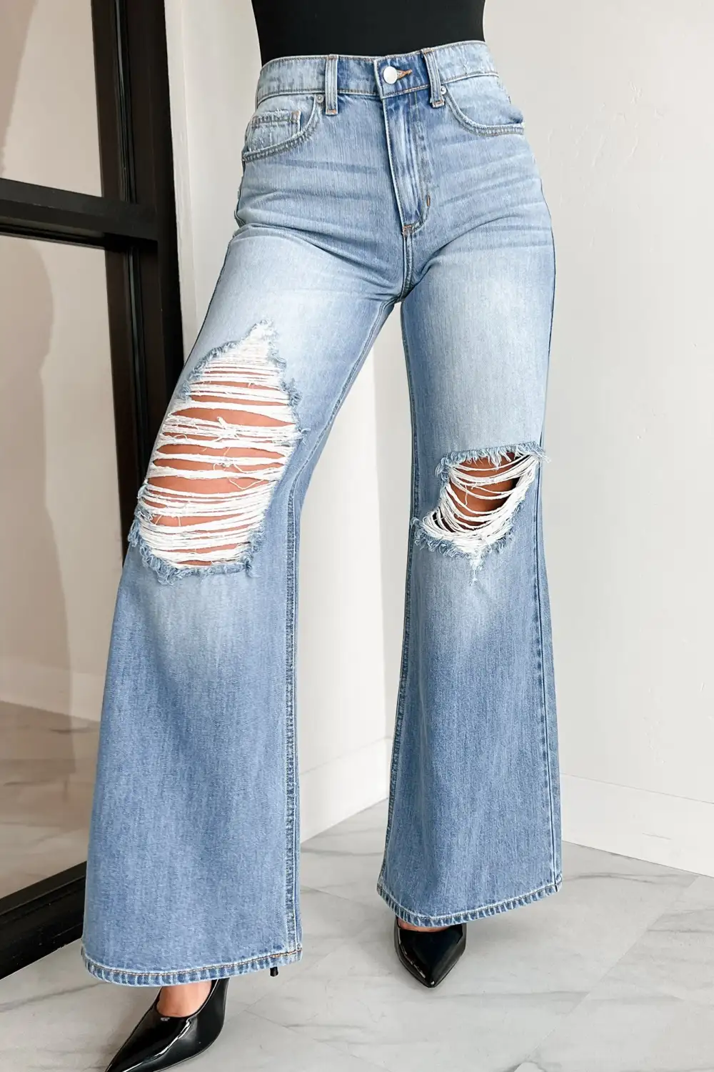 High Rise Distressed Wide Leg Sneak Peek Jeans
