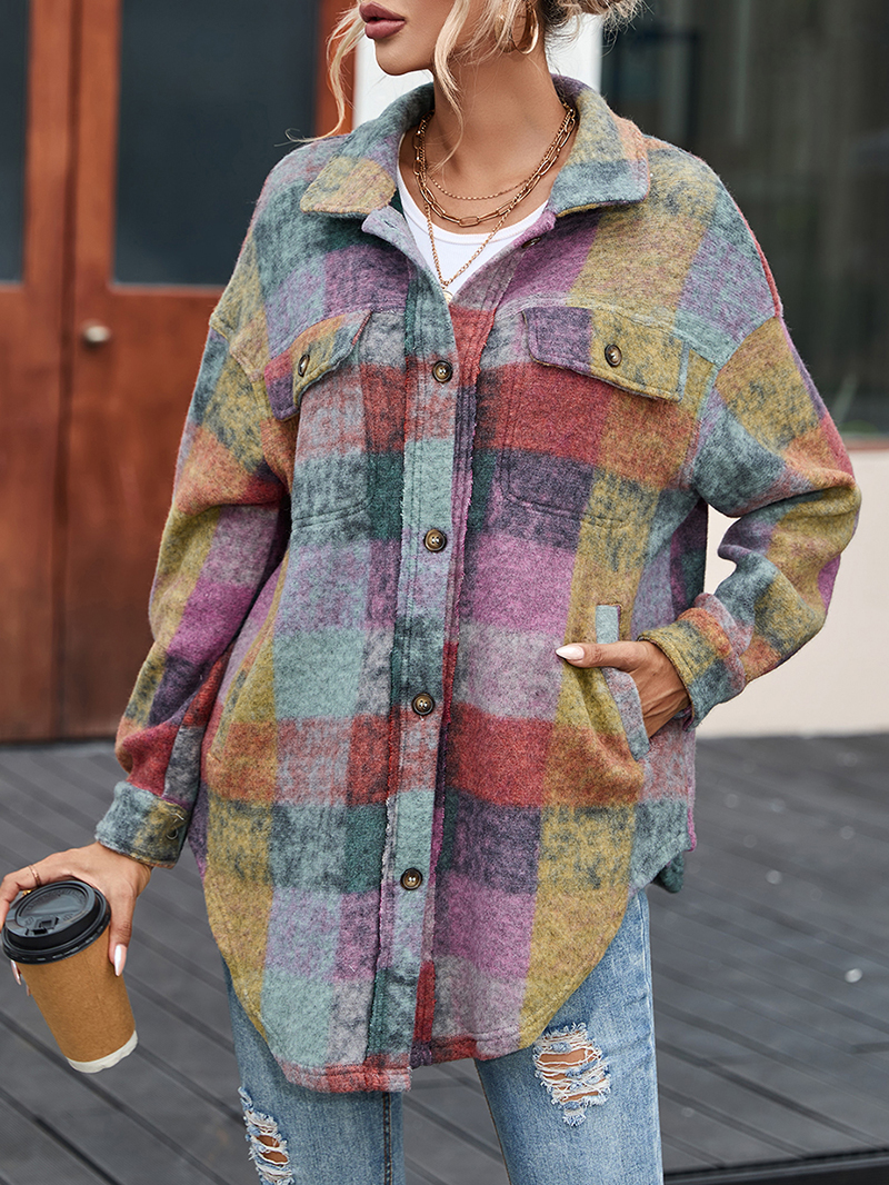 Multicolor Brushed Plaid Pocketed Oversize Shacket