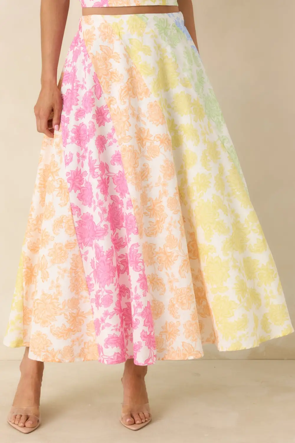 A Rainbow Multi Floral Cotton Linen Midi Skirt