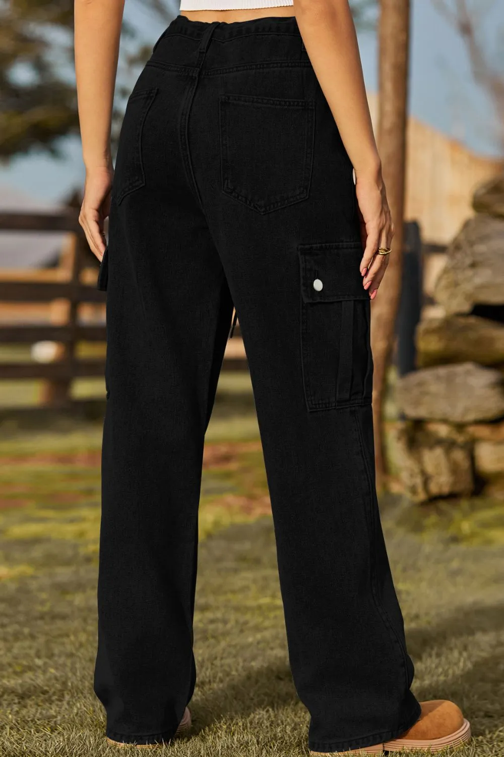 Loose Fit Drawstring Jeans With Pocket