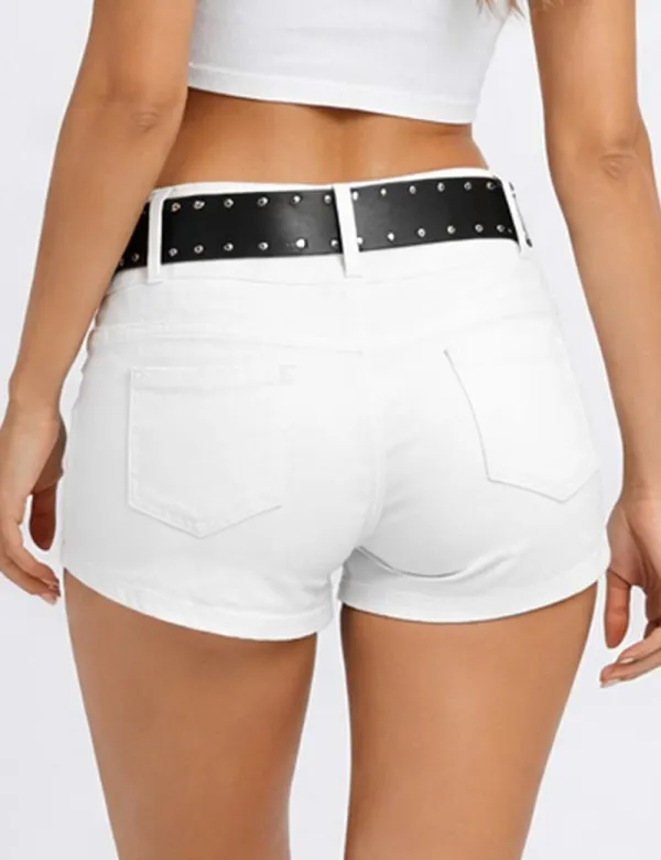 Metal Eyelet Solid Color Denim Shorts