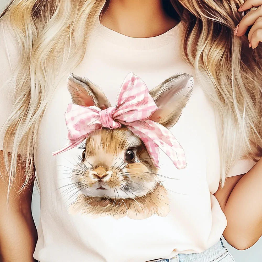 Bunny With A Bow Printed Round Neck Short Sleeve T-Shirt