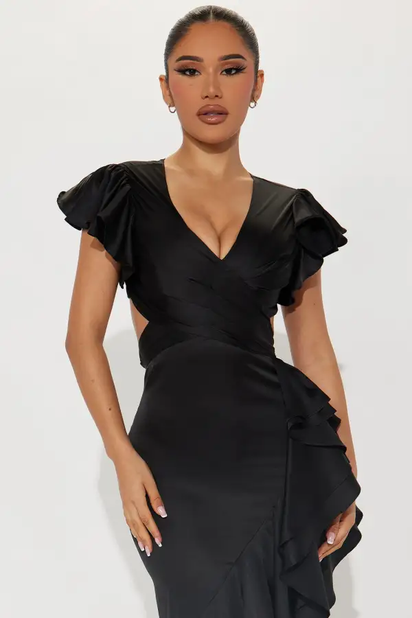 Carrie Satin Ruffle Maxi Dress - Black