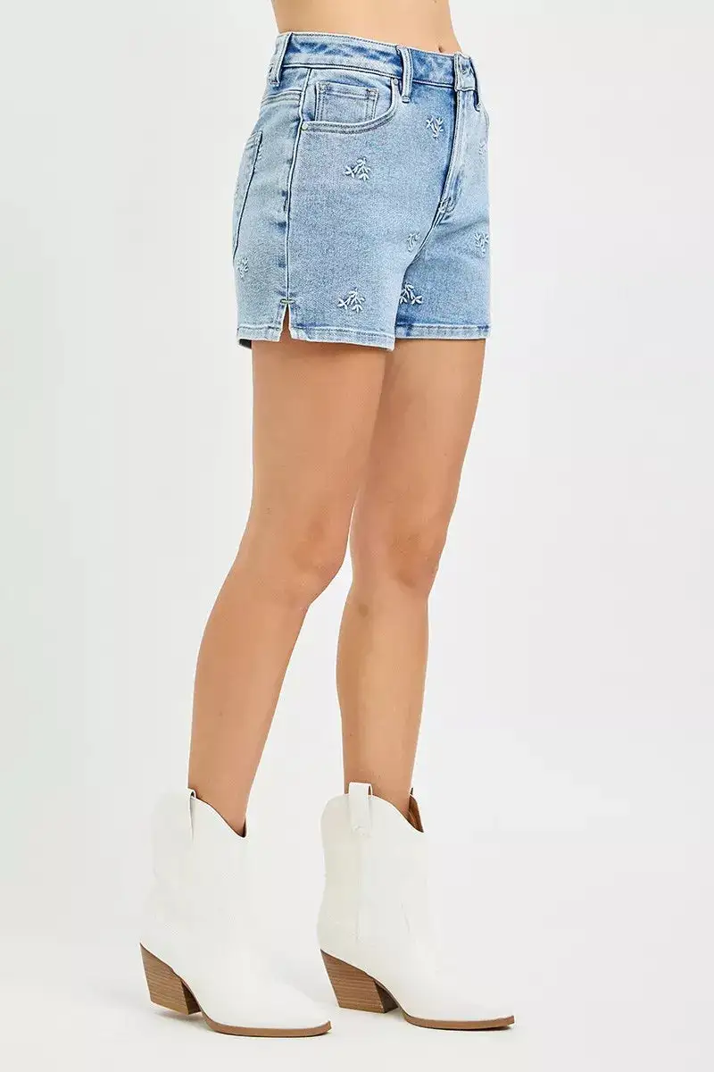 High Rise Denim Shorts With Embroidered Detail