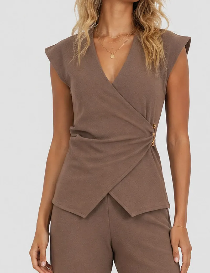 Solid Color Wrap V Neck Sleeveless Top