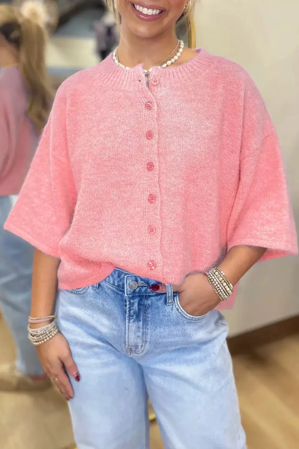 Blossom Sleeve Boxy Knit Button Down Sweater Cardigan