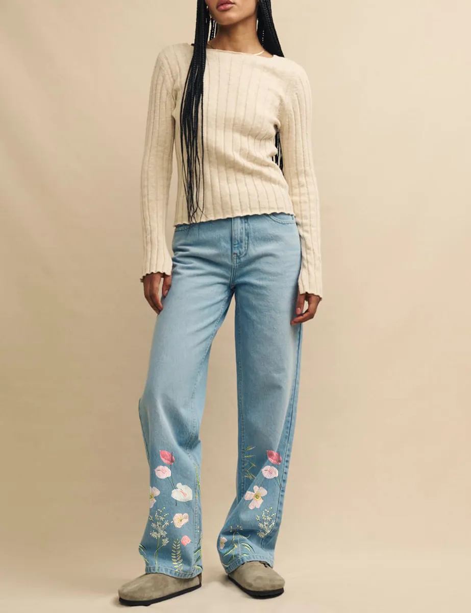 Blue Light Wash Denim High Rise Relaxed Straight Leg Jeans