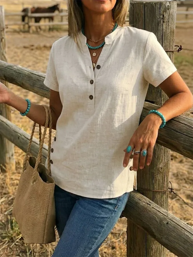 Women's Linen Blend Casual V-Neck Button Up Shirt