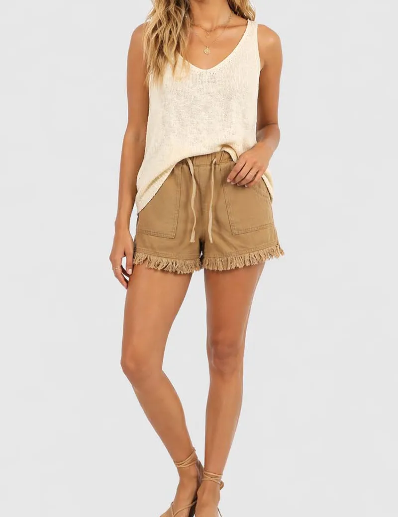Solid Color Drawstring Waist Frayed Hem Denim Shorts