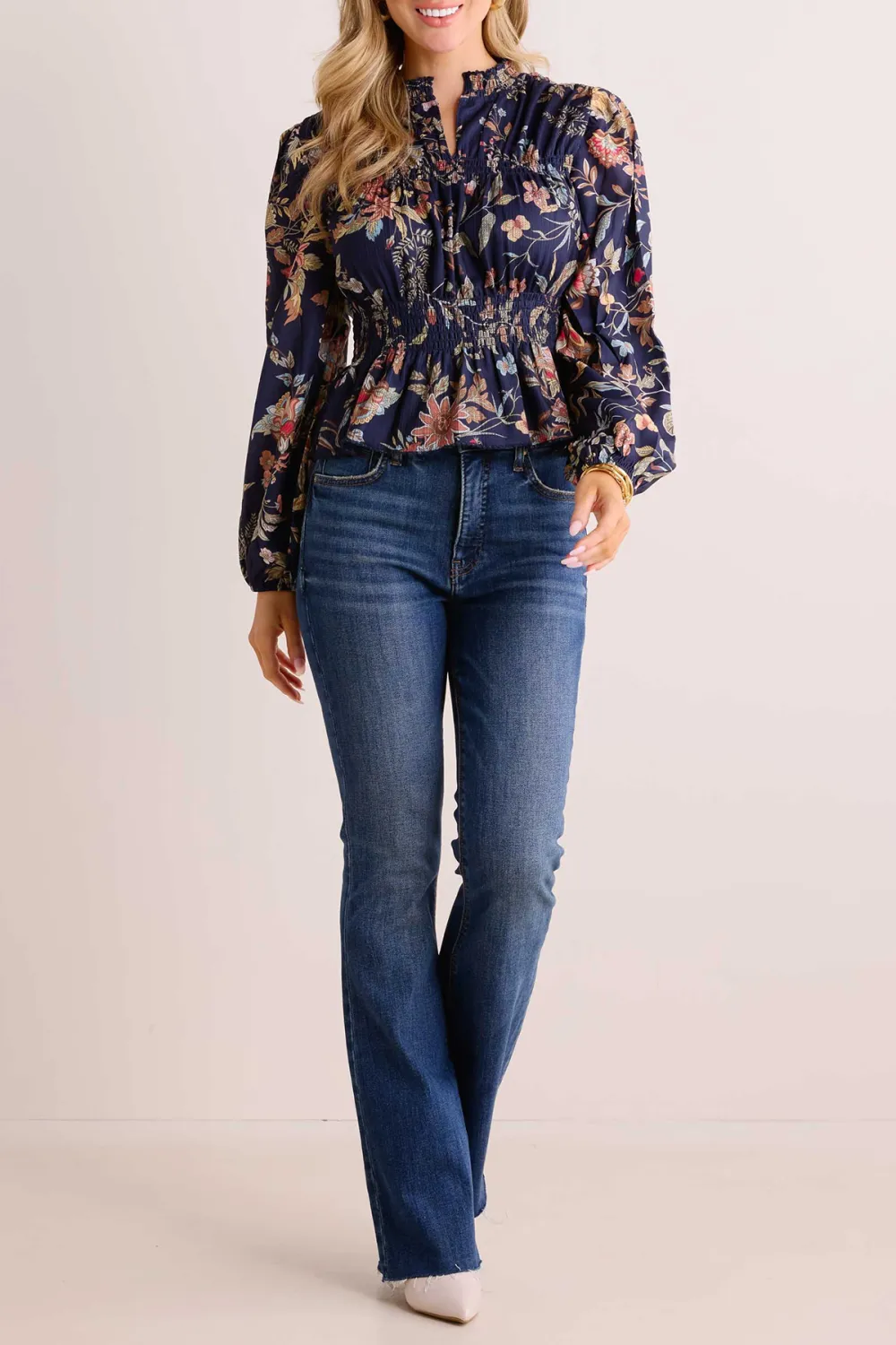 Navy Floral Print Gathered Waist Tie-Neck Blouse