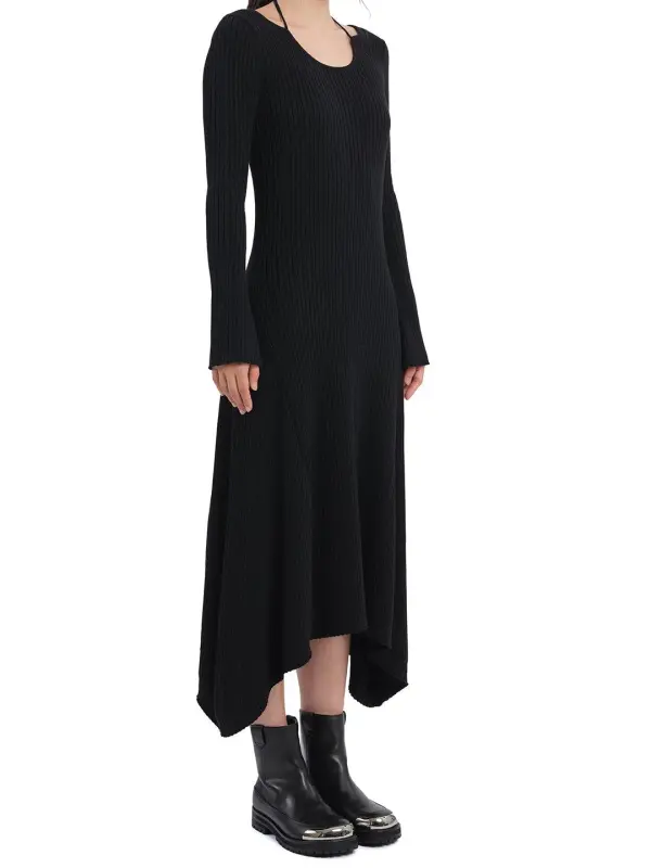 Asymmetric Hem Ribbed Sweater Dress