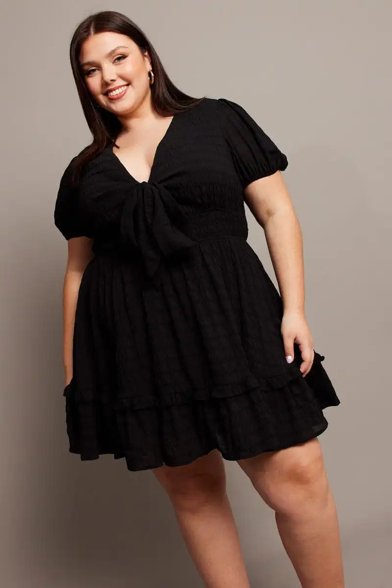 Black Tie Front Textured Frill Hem Minidress