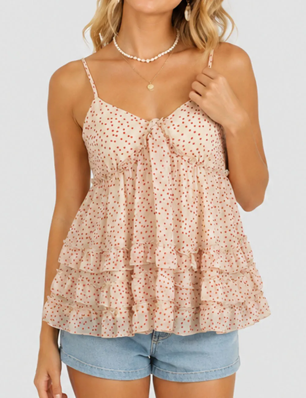 Polka Dot Ruffle Tiered Hem V Neck Cami Top