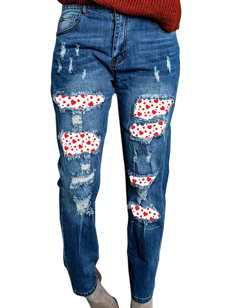 Women's Retro Distressed Heart Print Jeans