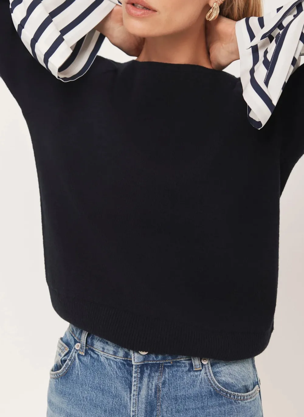Casual Style Navy Cotton Striped Cuff Jumper