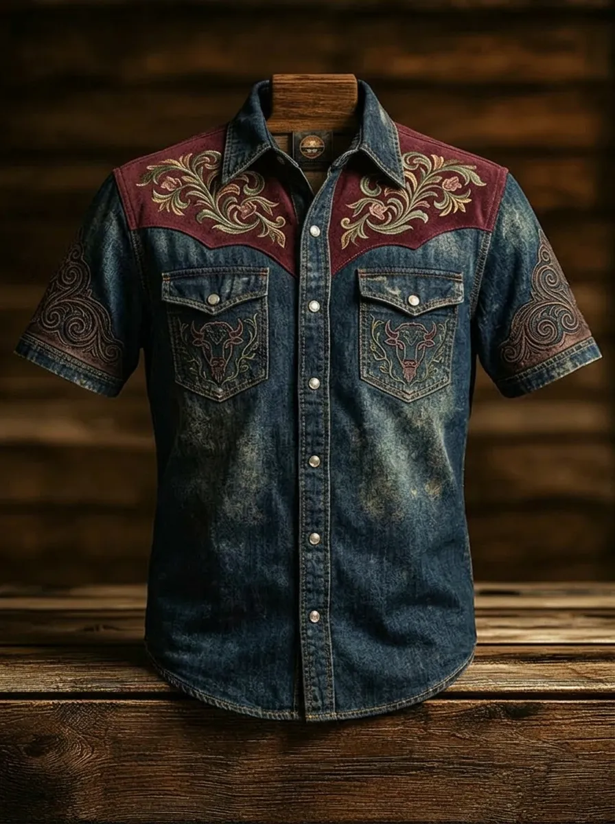 Men's Western Cowboy Bull Floral Embroidered Printed Shirt