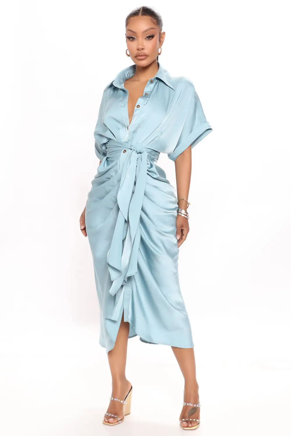Stuck In The City Satin Midi Dress - Blue