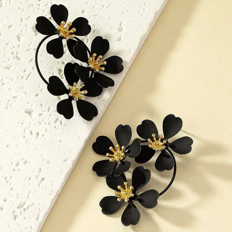 Elegant Big Camelia Flowers Stud Earrings White Black Color Copper Earrings Classic