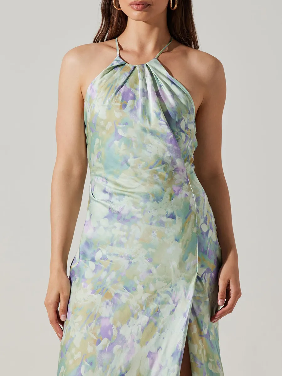 Sexy Halter Neck Open Back Satin Print Maxi Dress