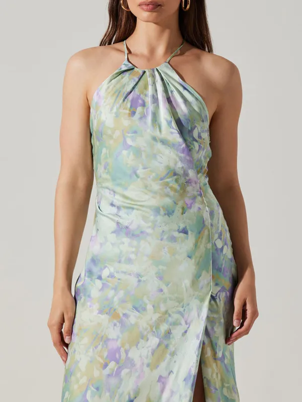 Sexy Halter Neck Open Back Satin Print Maxi Dress