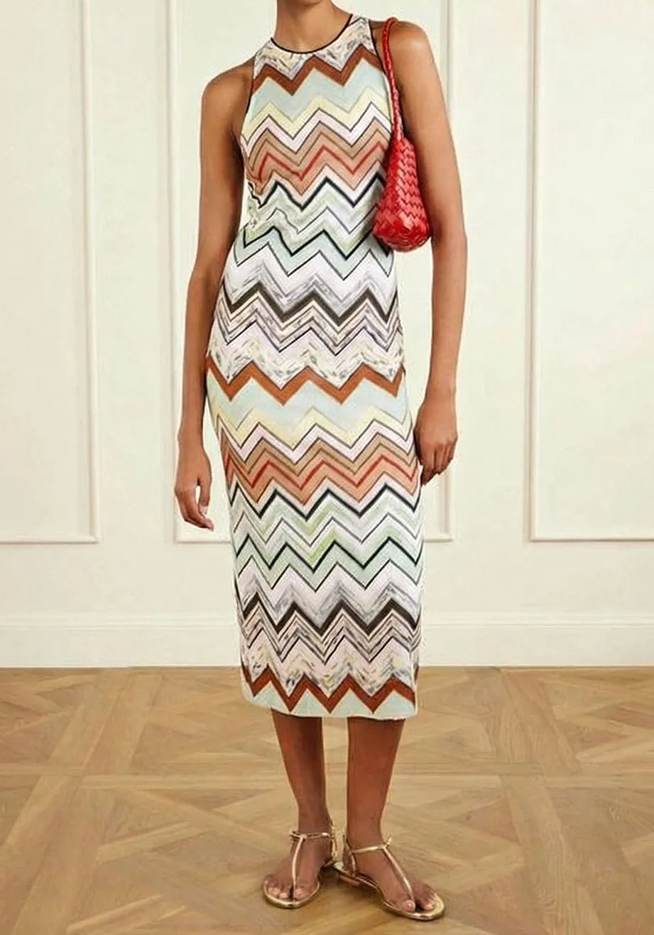 Elegant Geometric Zigzag Print Sleeveless Midi Dress