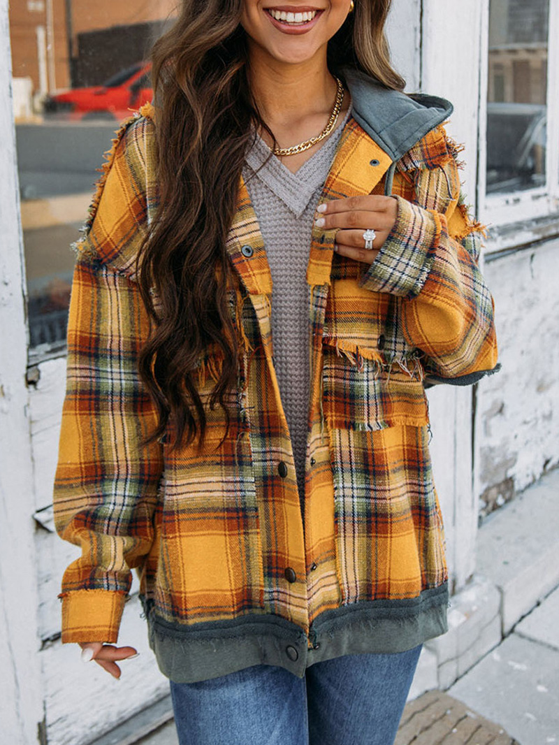 Orange Plaid Patch Hooded Frayed Snap Button Jacket