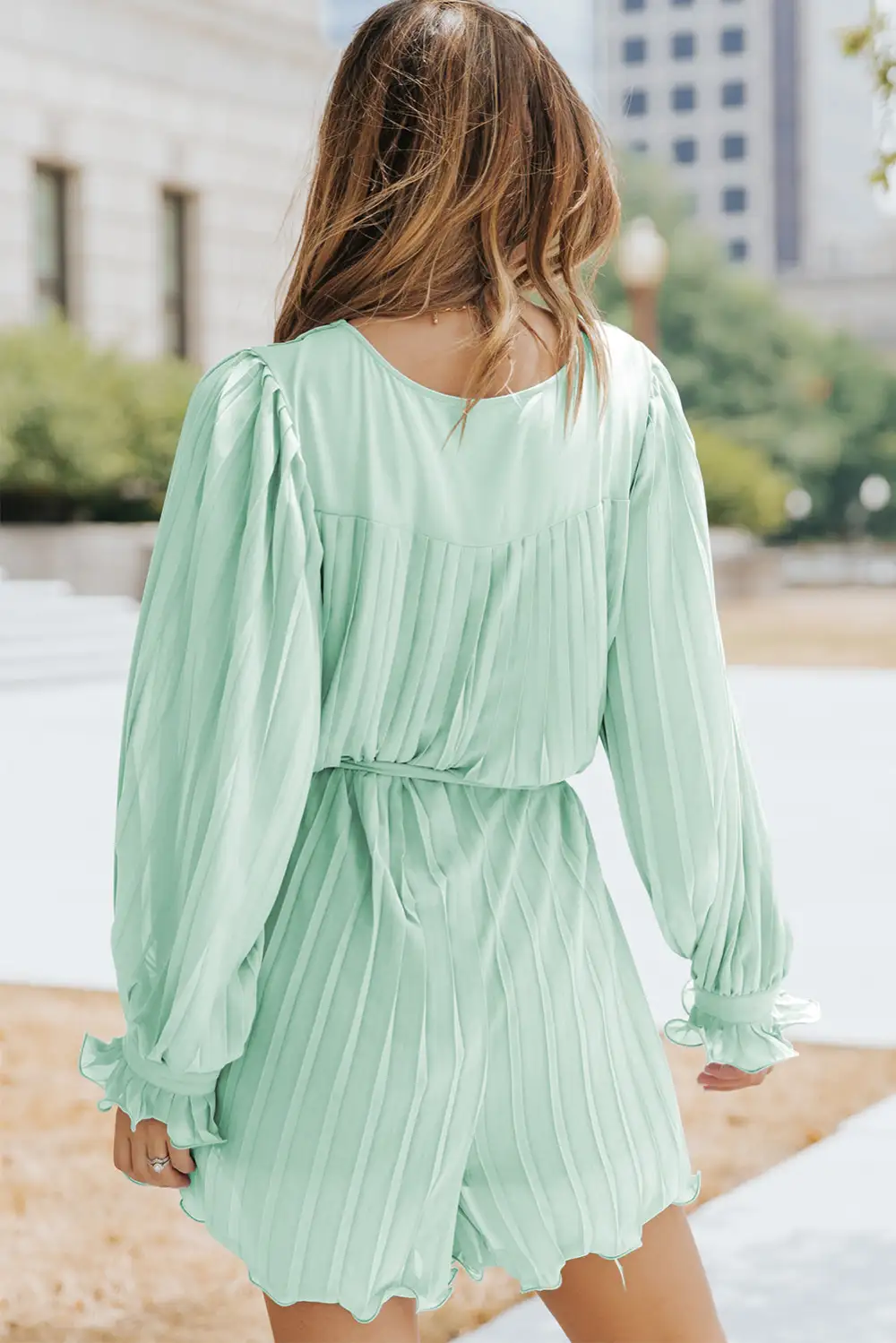 Pleated Ruffled Tie Waist Buttons V Neck Romper