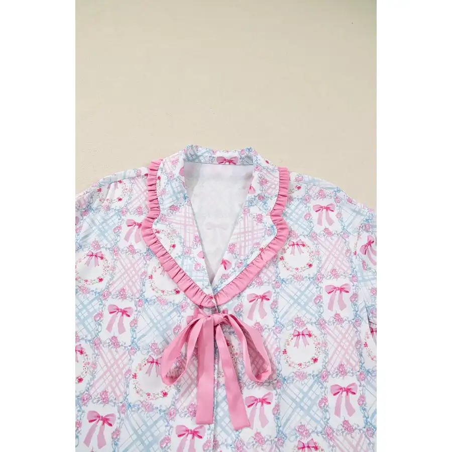 Wreath Pattern Christmas Tied Front Long Sleeve Pcs Pajama Set