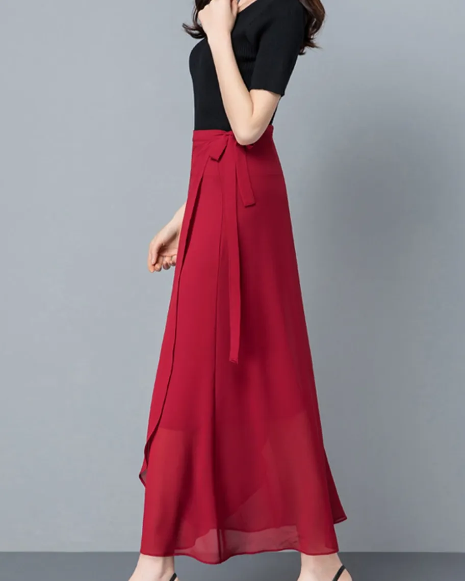 Belted Chiffon A Line Midi Skirt