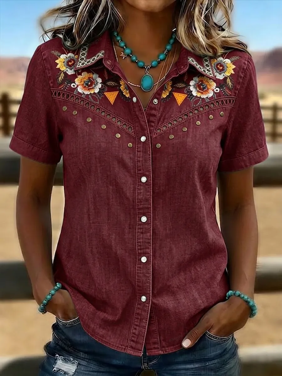 Women'S Retro Western-Style Print Short-Sleeved Shirt