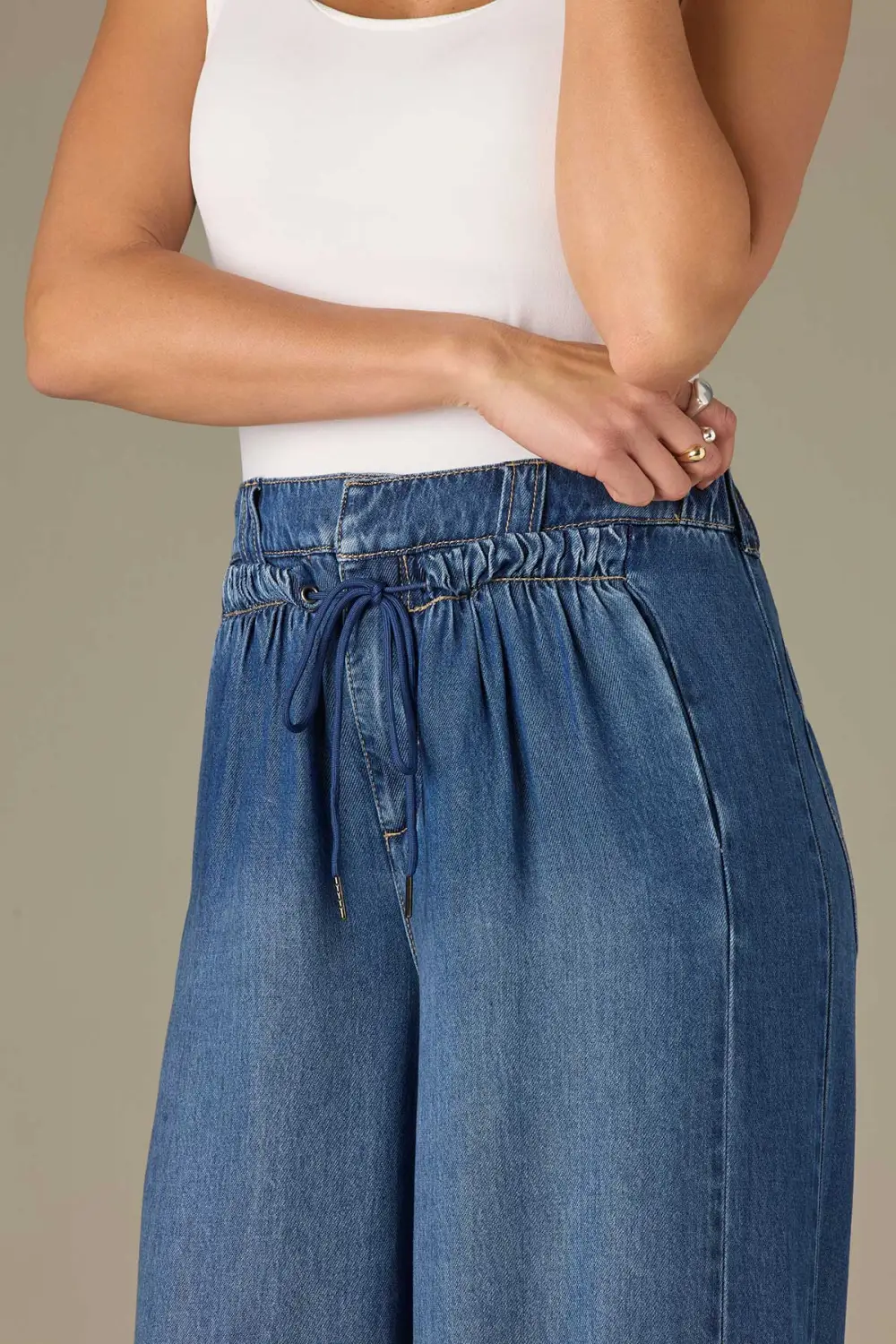 Ultra  Smocked Tie Waist Wide Leg Jeans