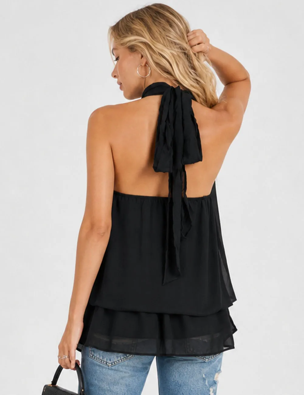 Chiffon Stand Neck Solid Color Ruffle Hem Sleeveless Top