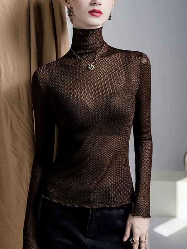 Long Sleeve Curve Fit Mesh Sheer Slightly Sheer Panel Detail High Neck T-Shirt