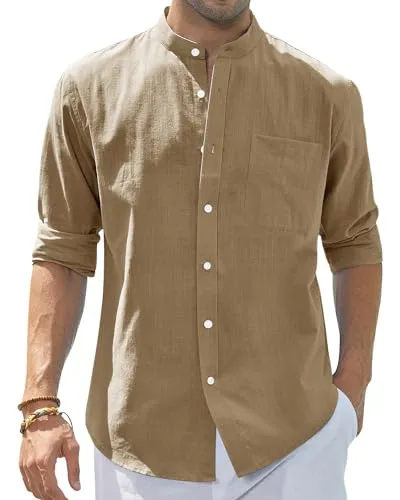 Men's Cotton Linen Long Sleeve Shirts Casual Button Down Banded Collar Shirt Beach Summer Tops with Pocket