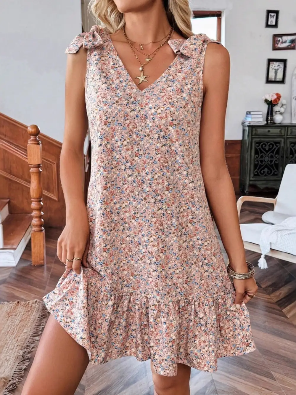 Textured Detail Floral Printed Ruffle Mini Dress