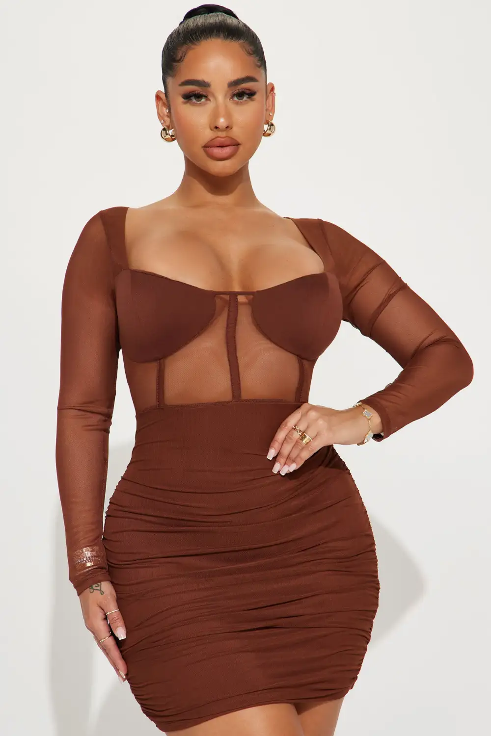 Lola Mesh Corset Mini Dress - Brown